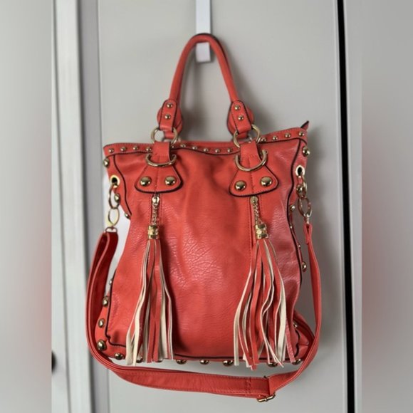 Coral Orange Vegan Leather Gold Studded Oversized Tote Bag With Adjustable Strap - Picture 2 of 16